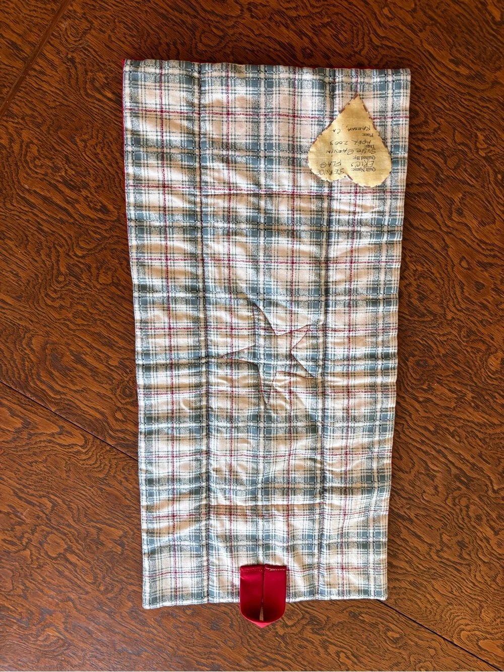 Hand Crafted Red and White Quilted Wall Hanging with Blue Star. Patriotic